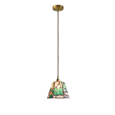 Traditional Tiffany Copper Glass Handmade Cylinder Conic Irregular Stone 1-Light Pendant Light For Bedside