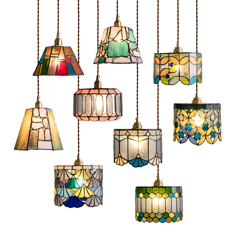 Traditional Tiffany Copper Glass Cylinder Conic Shell Bead 1-Light Pendant Light For Dining Room