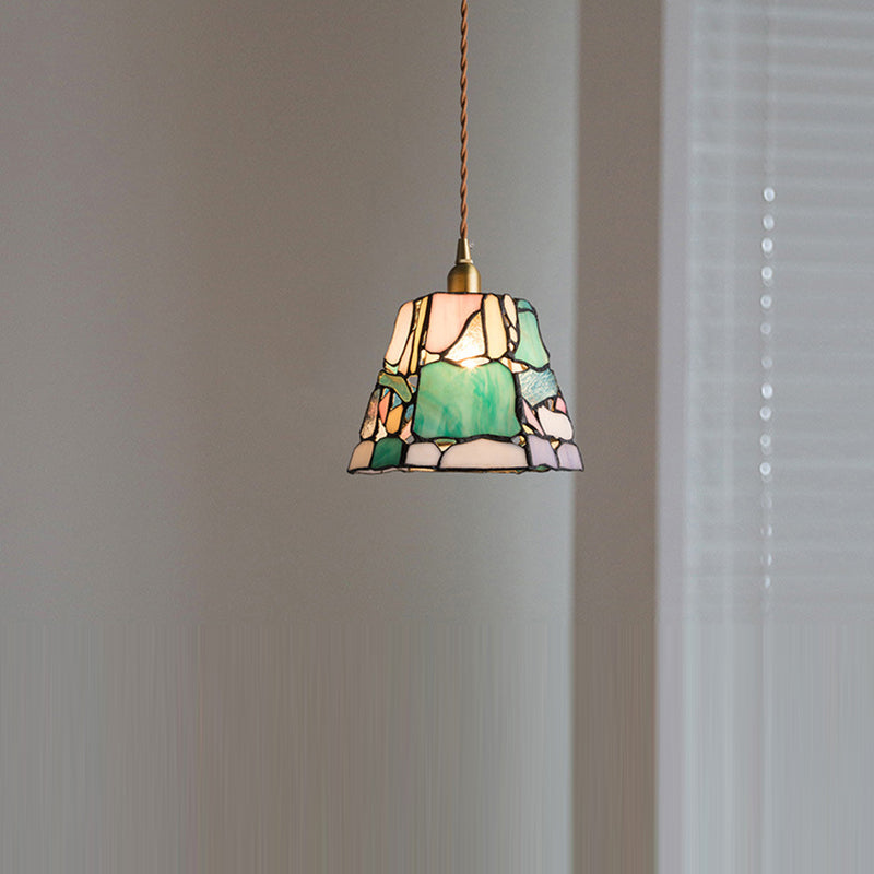 Traditional Tiffany Copper Glass Handmade Cylinder Conic Irregular Stone 1-Light Pendant Light For Bedside