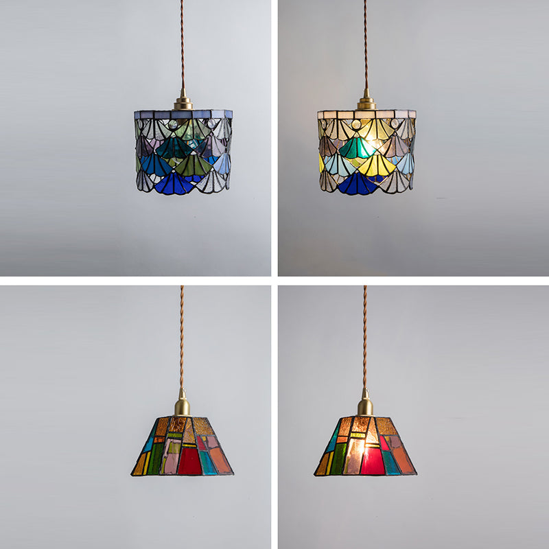 Traditional Tiffany Copper Glass Cylinder Conic Shell Bead 1-Light Pendant Light For Dining Room