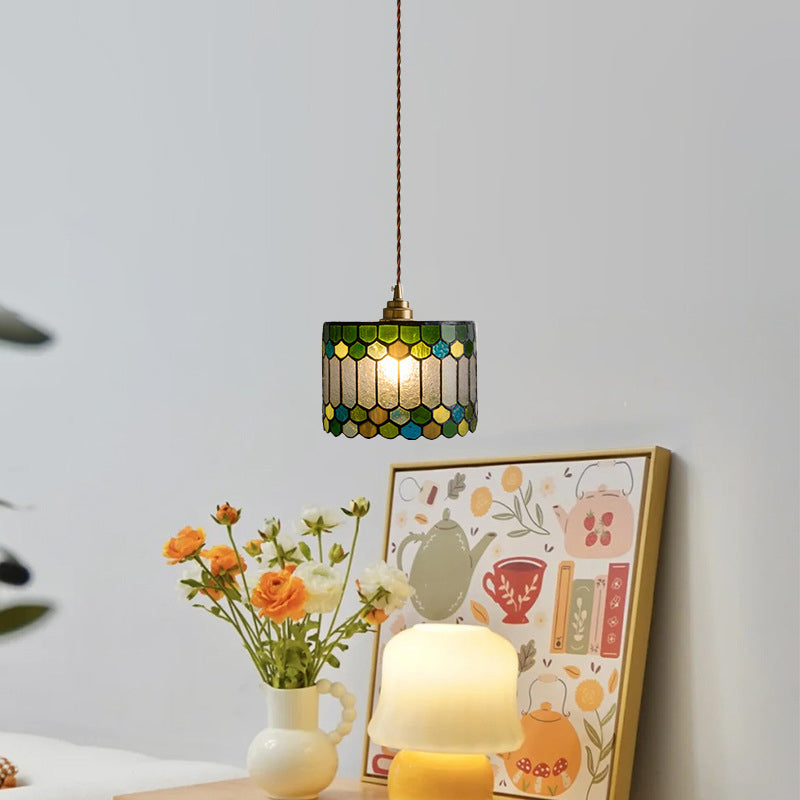 Traditional Tiffany Copper Glass Cylinder Conic Shell Bead 1-Light Pendant Light For Dining Room