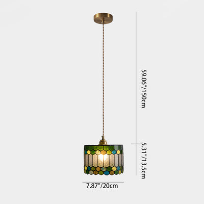 Traditional Tiffany Copper Glass Cylinder Conic Shell Bead 1-Light Pendant Light For Dining Room