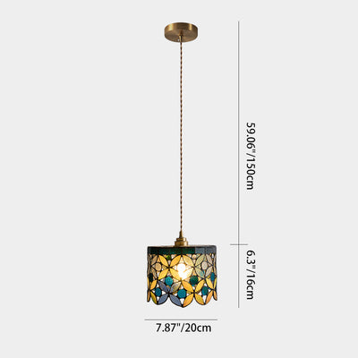 Traditional Tiffany Copper Glass Cylinder Conic Shell Bead 1-Light Pendant Light For Dining Room