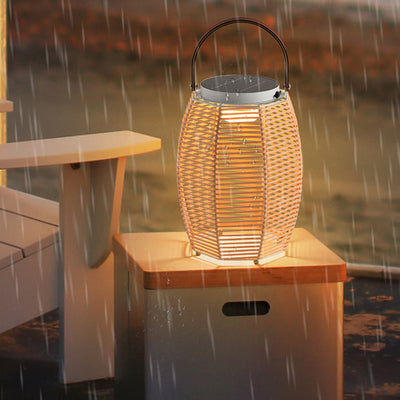 Traditional Farmhouse Solar Rechargeable Waterproof Weaving Imitation Rattan Iron Handheld Lantern Column LED Outdoor Light Landscape Lighting For Garden