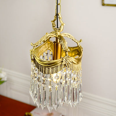 Traditional French Copper Crystal Crown Beads 1-Light Pendant Light For Bedroom