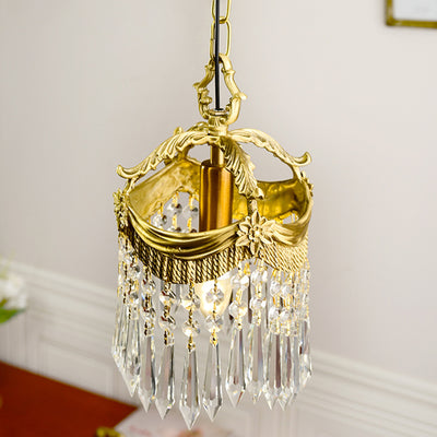 Traditional French Copper Crystal Crown Beads 1-Light Pendant Light For Bedroom