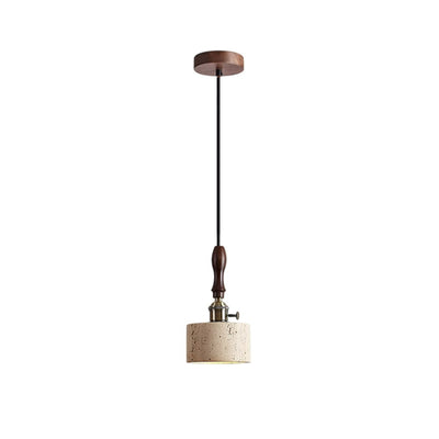 Traditional Japanese Travertine Wood Copper Aluminum Cylinder Liftable 1-Light Pendant Light For Bedside