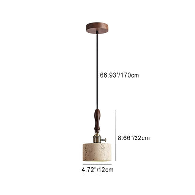 Traditional Japanese Travertine Wood Copper Aluminum Cylinder Liftable 1-Light Pendant Light For Bedside