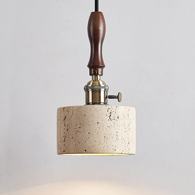 Traditional Japanese Travertine Wood Copper Aluminum Cylinder Liftable 1-Light Pendant Light For Bedside