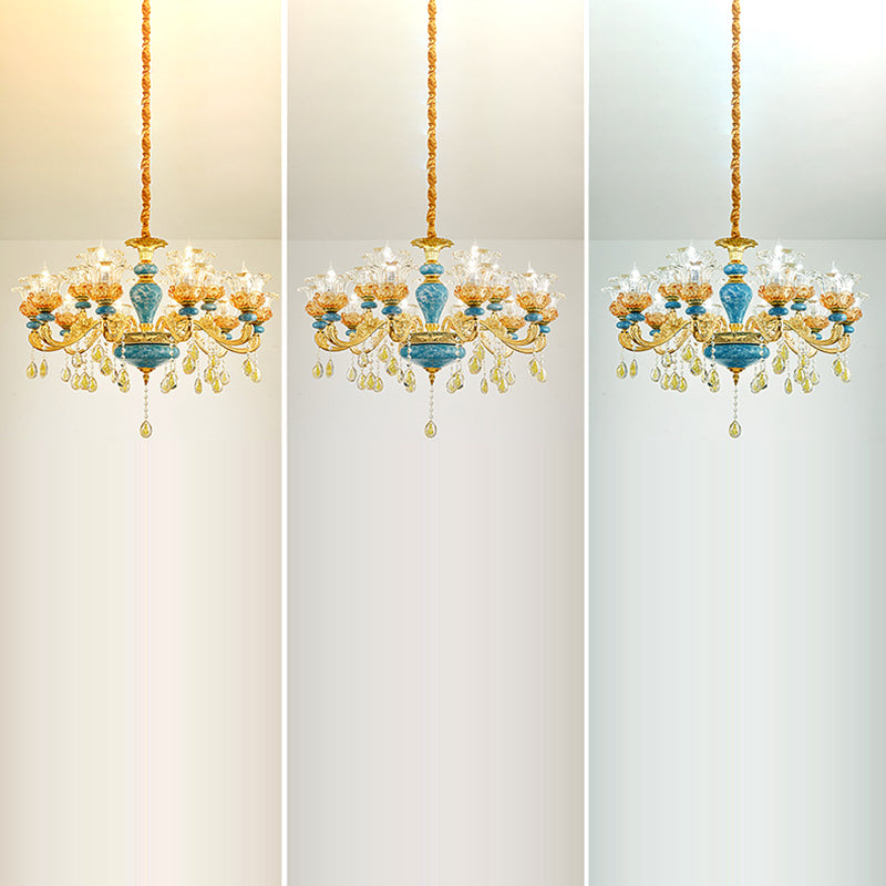 Traditional European Floral Column Relief Sculpture Zinc Alloy Ceramic Crystal Glass 6/8/10/12/15/18 Light Chandeliers For Living Room