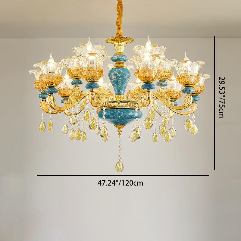 Traditional European Floral Column Relief Sculpture Zinc Alloy Ceramic Crystal Glass 6/8/10/12/15/18 Light Chandeliers For Living Room