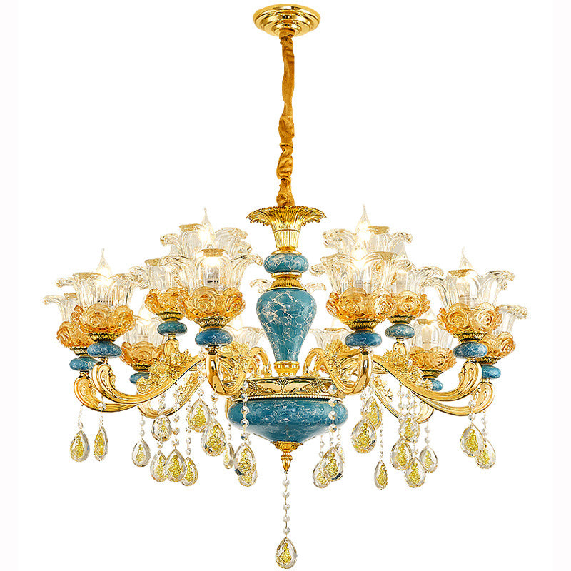 Traditional European Floral Column Relief Sculpture Zinc Alloy Ceramic Crystal Glass 6/8/10/12/15/18 Light Chandeliers For Living Room