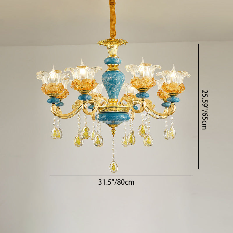 Traditional European Floral Column Relief Sculpture Zinc Alloy Ceramic Crystal Glass 6/8/10/12/15/18 Light Chandeliers For Living Room