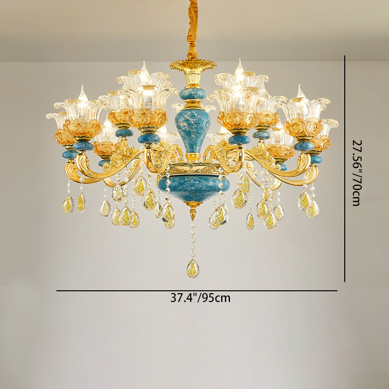 Traditional European Floral Column Relief Sculpture Zinc Alloy Ceramic Crystal Glass 6/8/10/12/15/18 Light Chandeliers For Living Room