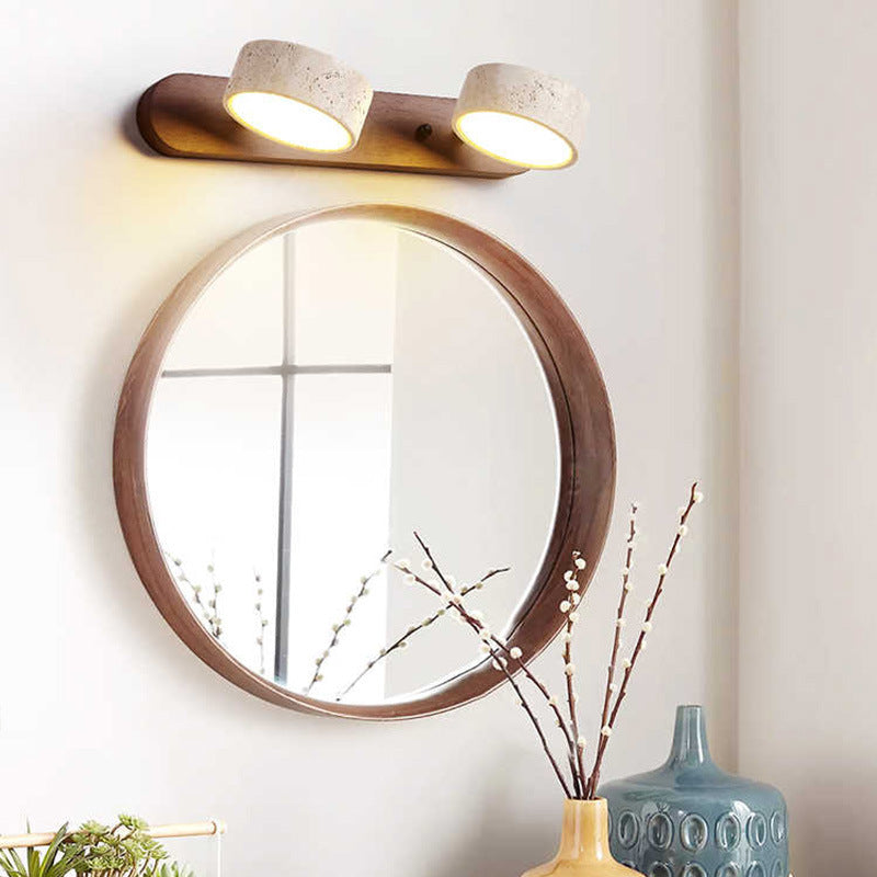 Traditional Japanese Travertine Wood Round Rotatable LED Wall Sconce Lamp Vanity Lighting For Bathroom