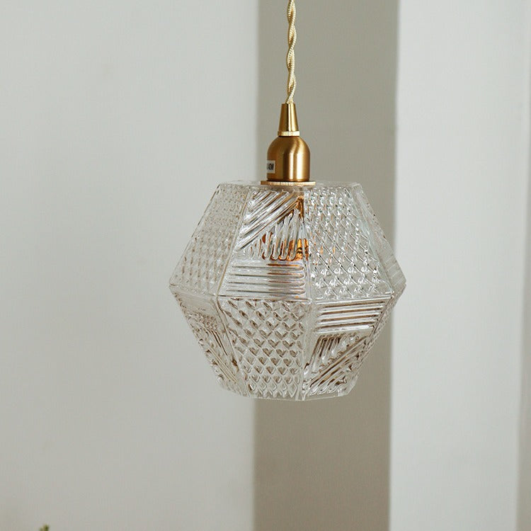 Modern Mid-century Brass Glass Diamond Texture 1-Light Pendant Light For Dining Room