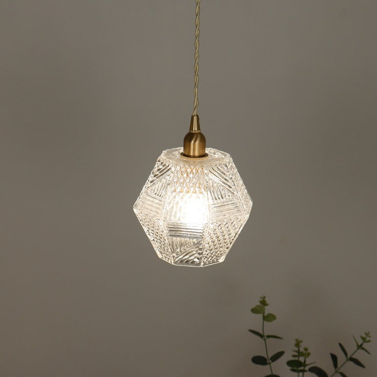 Modern Mid-century Brass Glass Diamond Texture 1-Light Pendant Light For Dining Room