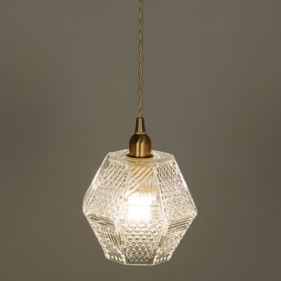 Modern Mid-century Brass Glass Diamond Texture 1-Light Pendant Light For Dining Room