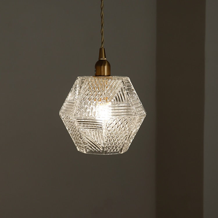 Modern Mid-century Brass Glass Diamond Texture 1-Light Pendant Light For Dining Room