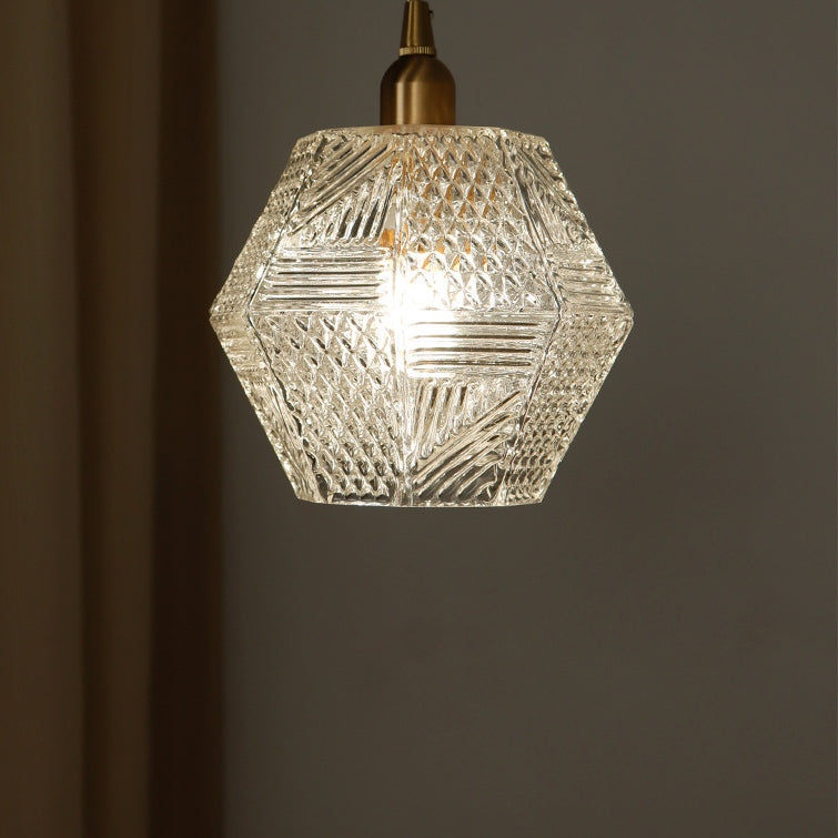 Modern Mid-century Brass Glass Diamond Texture 1-Light Pendant Light For Dining Room