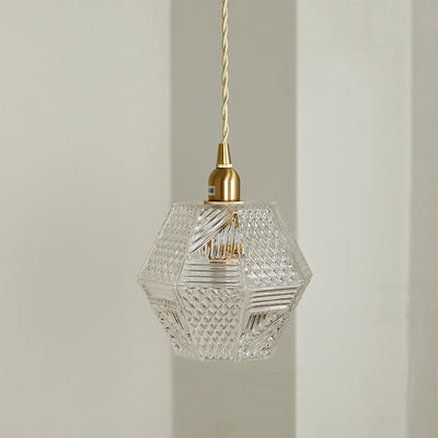 Modern Mid-century Brass Glass Diamond Texture 1-Light Pendant Light For Dining Room