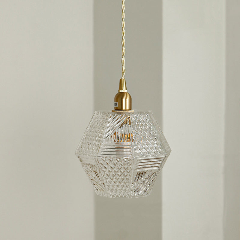 Modern Mid-century Brass Glass Diamond Texture 1-Light Pendant Light For Dining Room