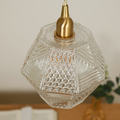 Modern Mid-century Brass Glass Diamond Texture 1-Light Pendant Light For Dining Room