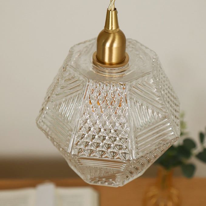 Modern Mid-century Brass Glass Diamond Texture 1-Light Pendant Light For Dining Room