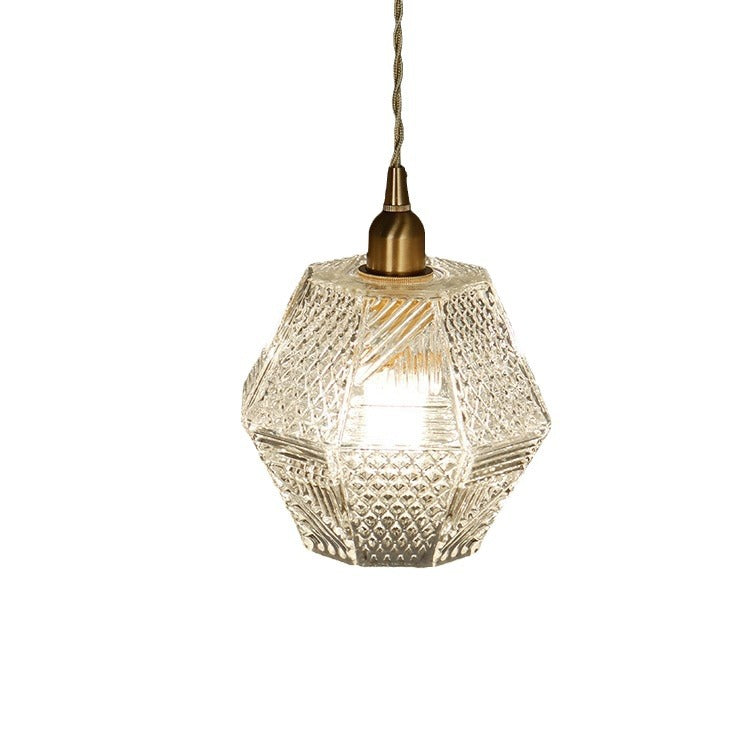 Modern Mid-century Brass Glass Diamond Texture 1-Light Pendant Light For Dining Room