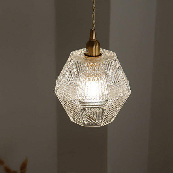 Modern Mid-century Brass Glass Diamond Texture 1-Light Pendant Light For Dining Room