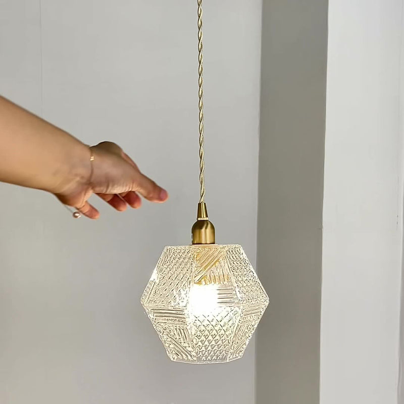 Modern Mid-century Brass Glass Diamond Texture 1-Light Pendant Light For Dining Room