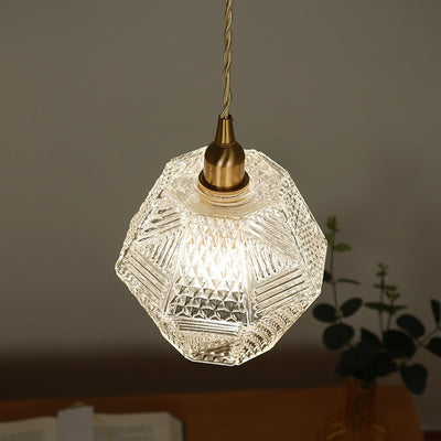 Modern Mid-century Brass Glass Diamond Texture 1-Light Pendant Light For Dining Room