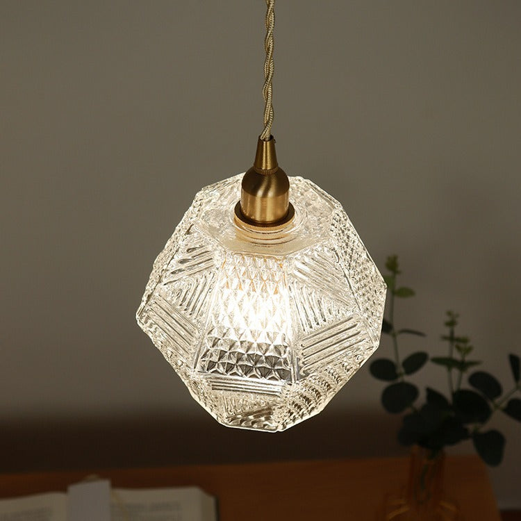 Modern Mid-century Brass Glass Diamond Texture 1-Light Pendant Light For Dining Room