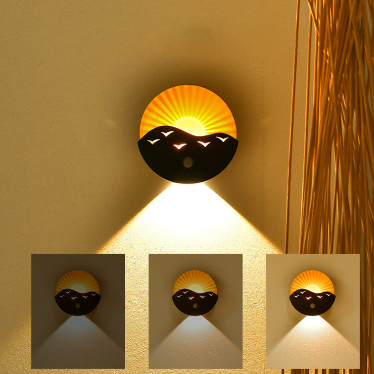 Modern Art Deco Rechargeable Battery Magnetically Round Sunrise ABS LED Wall Sconce Lamp For Hallway