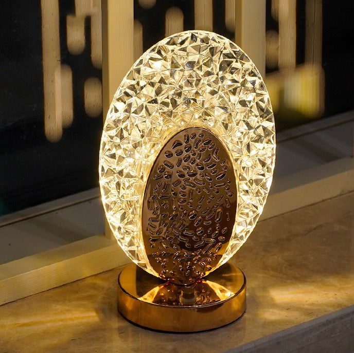 Modern Luxury Rechargeable Acrylic Metal Shell Crackle Elliptical LED Table Lamp Night Light For Bedside