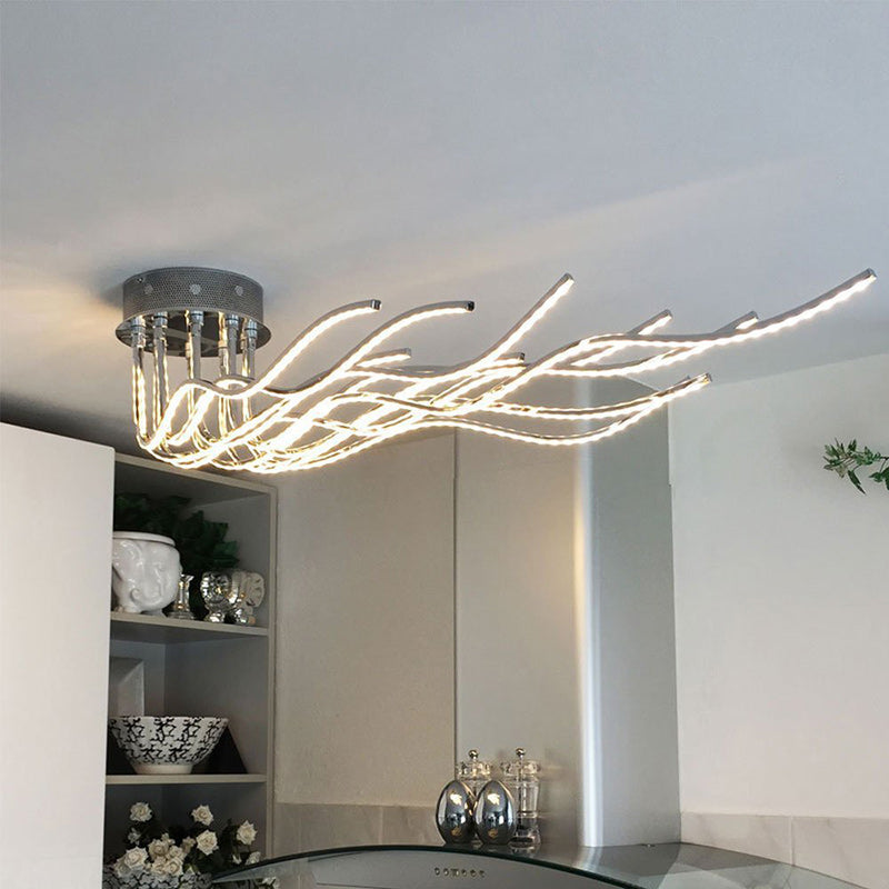 Contemporary Creative Wave Long Aluminum Acrylic LED Semi-Flush Mount Ceiling Light For Living Room