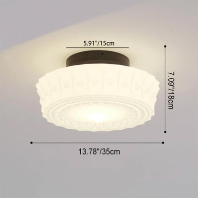 French Vintage White Jade Glass Stripes Round Drum LED Semi-Flush Mount Ceiling Light