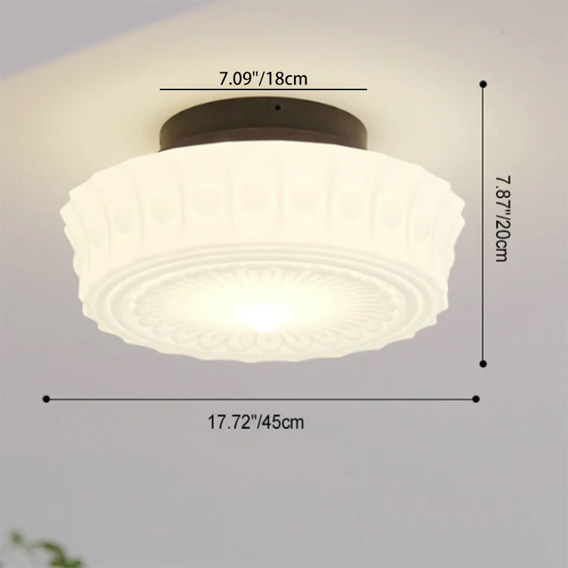 French Vintage White Jade Glass Stripes Round Drum LED Semi-Flush Mount Ceiling Light