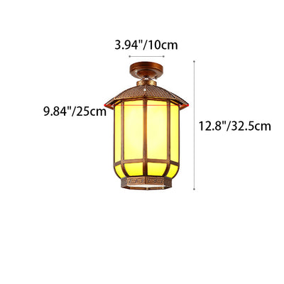 Traditional Chinese Round Lantern Aluminum Iron Glass 1-Light Semi-Flush Mount Ceiling Light For Outdoor Patio