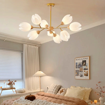 Modern Mid-Century Flower Shape Wood Rotational Molding 6/9/12 Light Chandelier For Bedroom