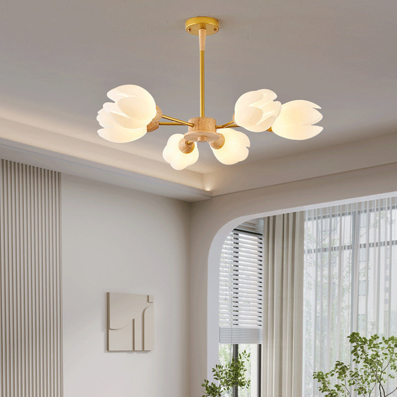 Modern Mid-Century Flower Shape Wood Rotational Molding 6/9/12 Light Chandelier For Bedroom