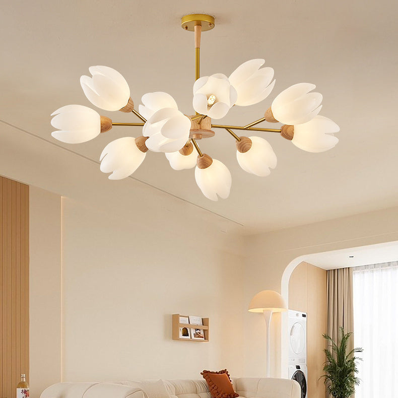 Modern Mid-Century Flower Shape Wood Rotational Molding 6/9/12 Light Chandelier For Bedroom