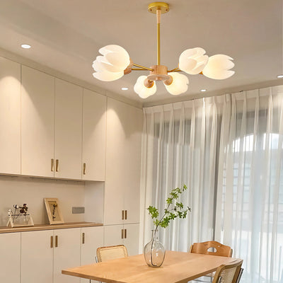 Modern Mid-Century Flower Shape Wood Rotational Molding 6/9/12 Light Chandelier For Bedroom