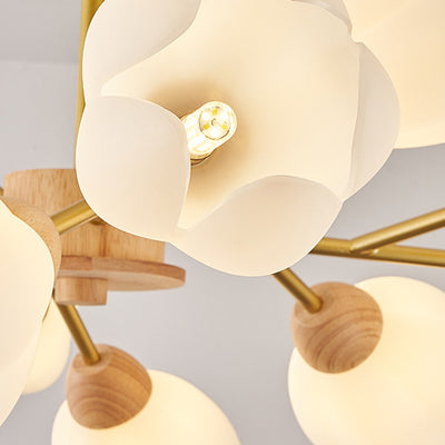 Modern Mid-Century Flower Shape Wood Rotational Molding 6/9/12 Light Chandelier For Bedroom