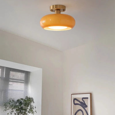 Contemporary Scandinavian Cream Round Oval Iron Glass 1-Light Semi-Flush Mount Ceiling Light For Bedroom