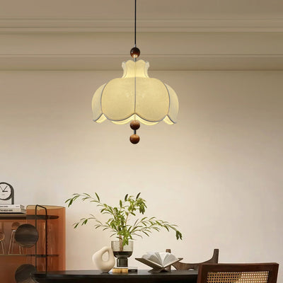 Traditional French Round Wavy Edge Fabric Shade Solid Wood 3-Light Pendant Light For Living Room