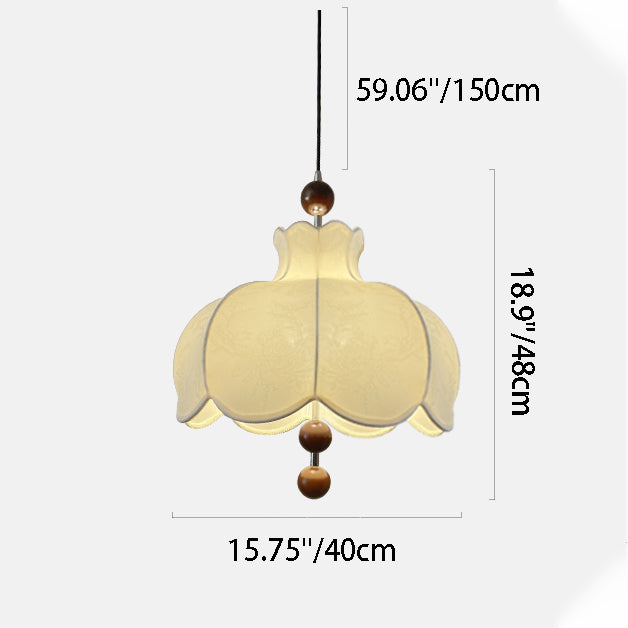 Traditional French Round Wavy Edge Fabric Shade Solid Wood 3-Light Pendant Light For Living Room