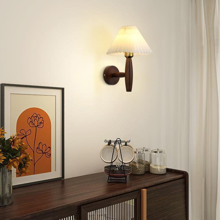 Contemporary Nordic Round Cylinder Pleated Fabric Wood 1-Light Wall Sconce Lamp For Bedroom