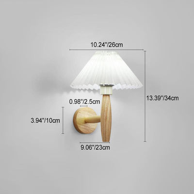 Contemporary Nordic Round Cylinder Pleated Fabric Wood 1-Light Wall Sconce Lamp For Bedroom