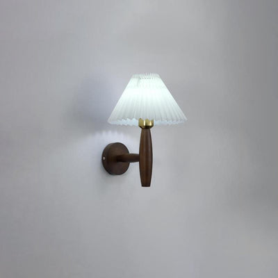 Contemporary Nordic Round Cylinder Pleated Fabric Wood 1-Light Wall Sconce Lamp For Bedroom